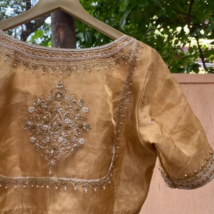 Pure Silk Saree Blouse:Golden Zardosi Hand Embroidery, Elbow Sleeve,golden tissue blouse,handwork blouse,silver blouse,golden blouse USA