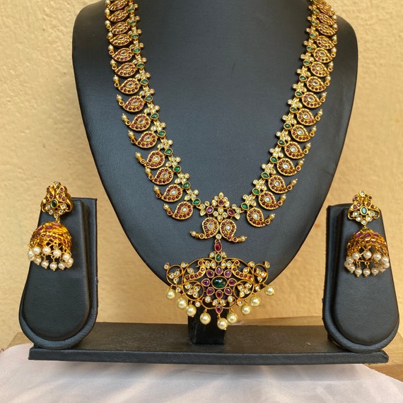 Voggish Kempu Mango Temple Jewelry Set/ Mango Haram Imitation Jewelry with Earrings/ Long Necklace with Earrings/ Kempu Jhumkas with Necklace