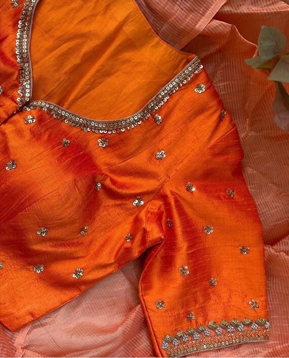 Pure Silk Hand Embroidery Blouse/orange Saree Maggam Blouse/raw Silk  Zardosi Blouse/hand Embroidered Blouse/ready Made Blouse/orange Blouse -  Etsy