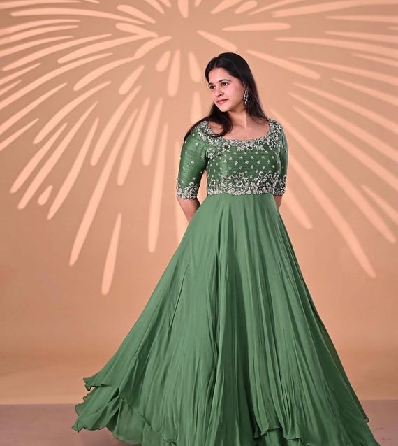green anarkali dress Suit Set Usa/anarkali Georgette Kurta Elbow Sleeve/green Anarkali/light Anarkali/heavy Hand Embroidered Anarkali With Dupatta fa26-kids-drop1