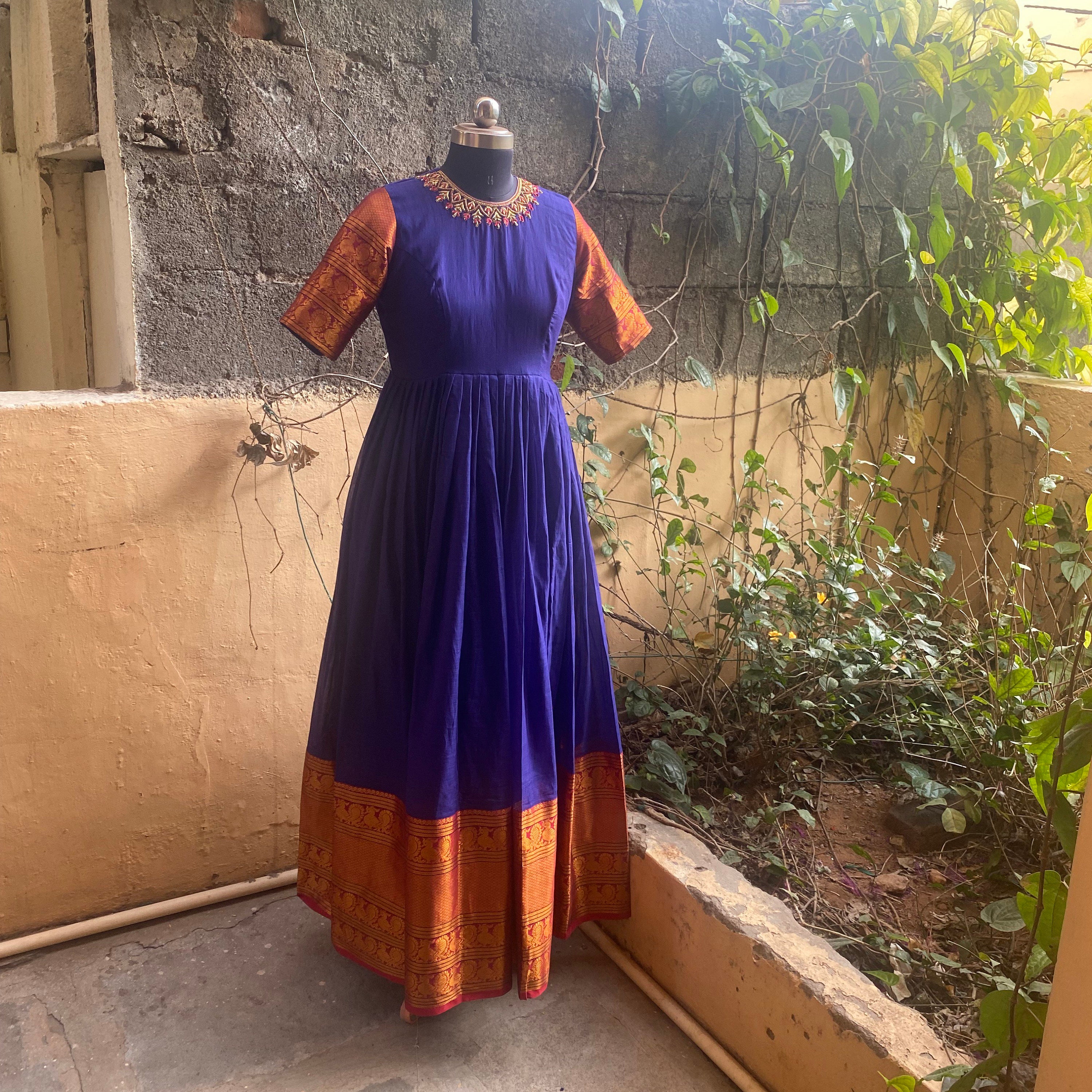 Blue Shaded Long Pleated Anarkali Kurti in Chinon with Bandhej Print