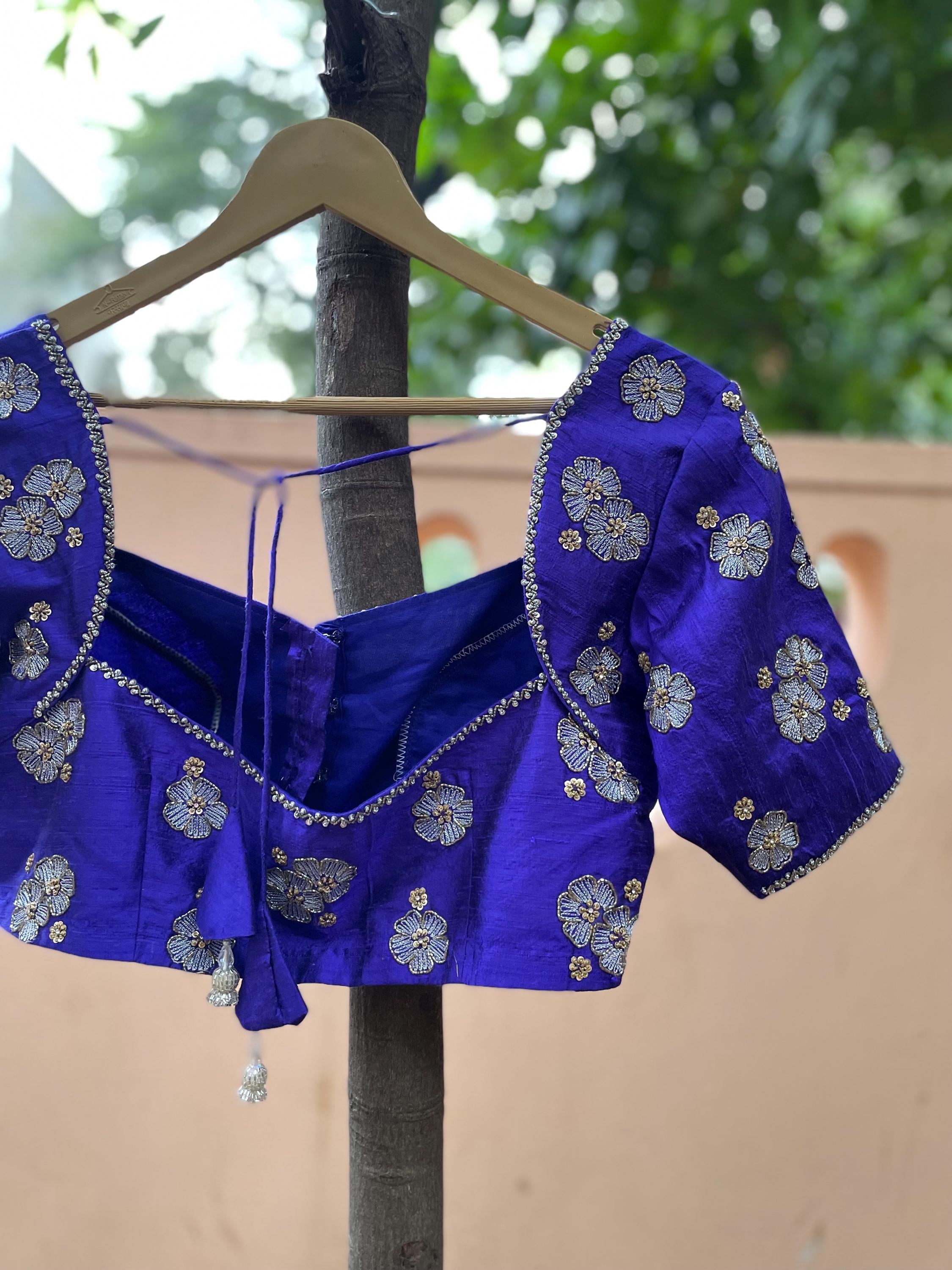 Royal Blue Silk Saree Blouse: Hand Embroidered Zardosi Maggam