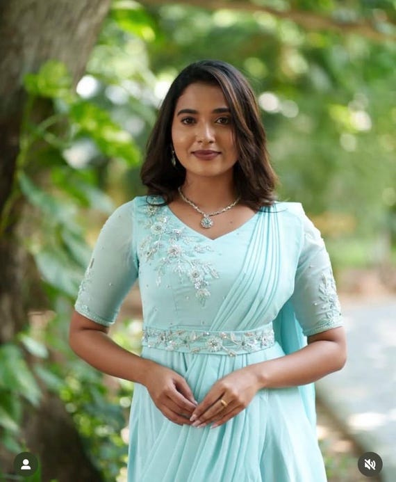 blue dress with green jewellery Draped Maxi dress usa/blue layered Maxi dress/ Draped saree dress with hand embroidery belt /pre Draped saree gown /saree dress with belt