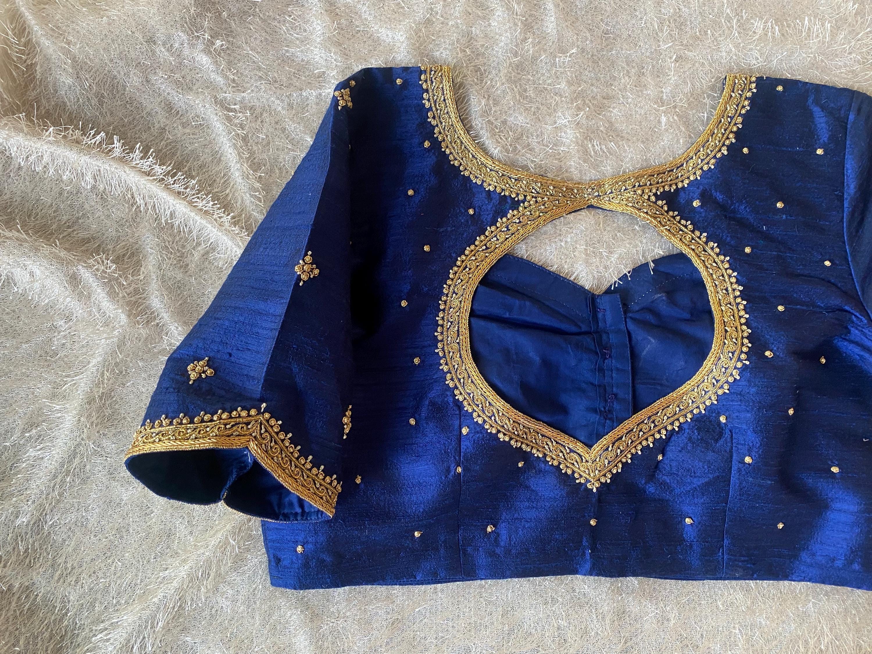 【Bluelea】 Embroidery organdy blouse【値下げ】 Navy Blue Silk Saree Blouse: Hand Embroidered Zardosi Crop Top - Etsy