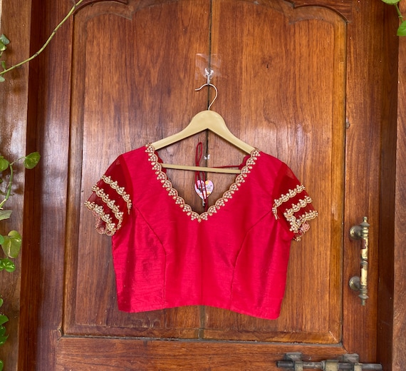 Red Ruffle Sleeve Hand Embroidery Blouse/ Saree Maggam