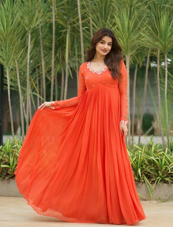 orange georgette dress Orange Georgette Anarkali Suit: Hand Embroidered Anarkali Dress,orange  anarkali kurta,simple anarkali dress,festive outfit,handwork kurta us
