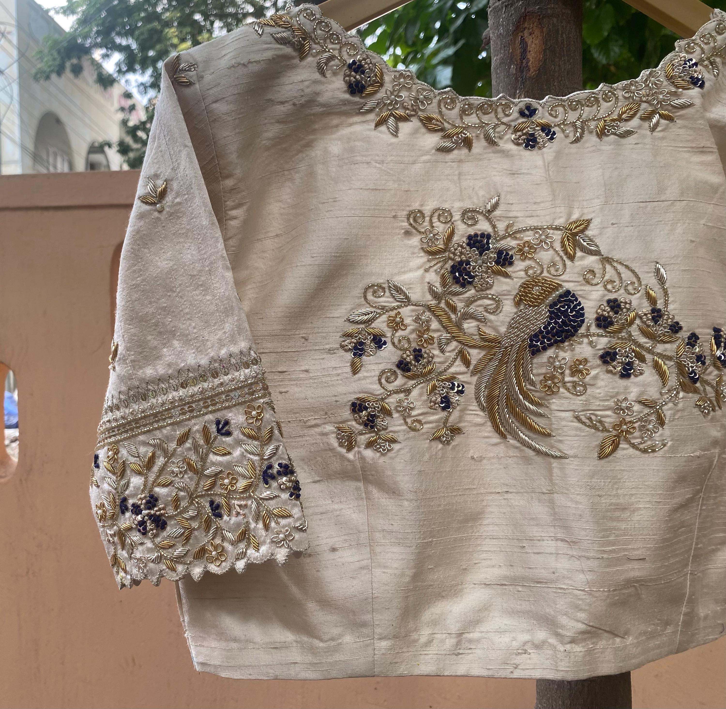 Hand Embroidered Zardosi Blouse: Cream Raw Silk Saree Blouse - Etsy