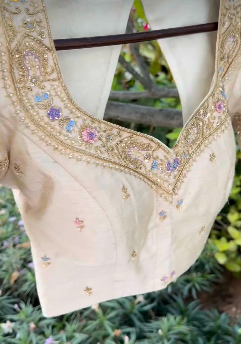 Hand Embroidered Zardosi Silk Blouse: Cream Saree Top - Etsy