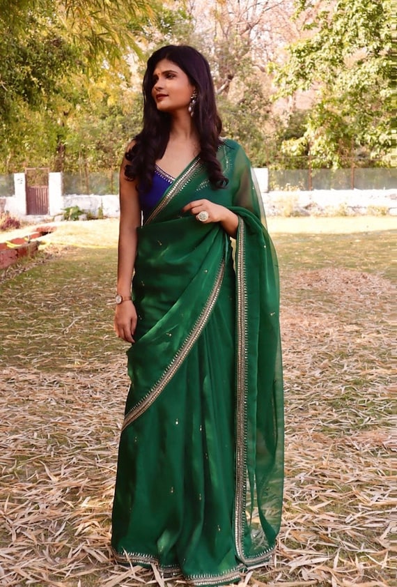 Green Chinnon Saree With Hand Embroidered Blouse/green Saree With Blue Hand  Work Blouse|sarees USA/ Blue Pure Silk Saree/maggam Work Blouse - Etsy