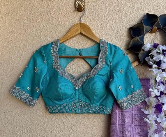 Pure Silk Hand Embroidery Blouse/saree Maggam Blouse/blue Zardosi