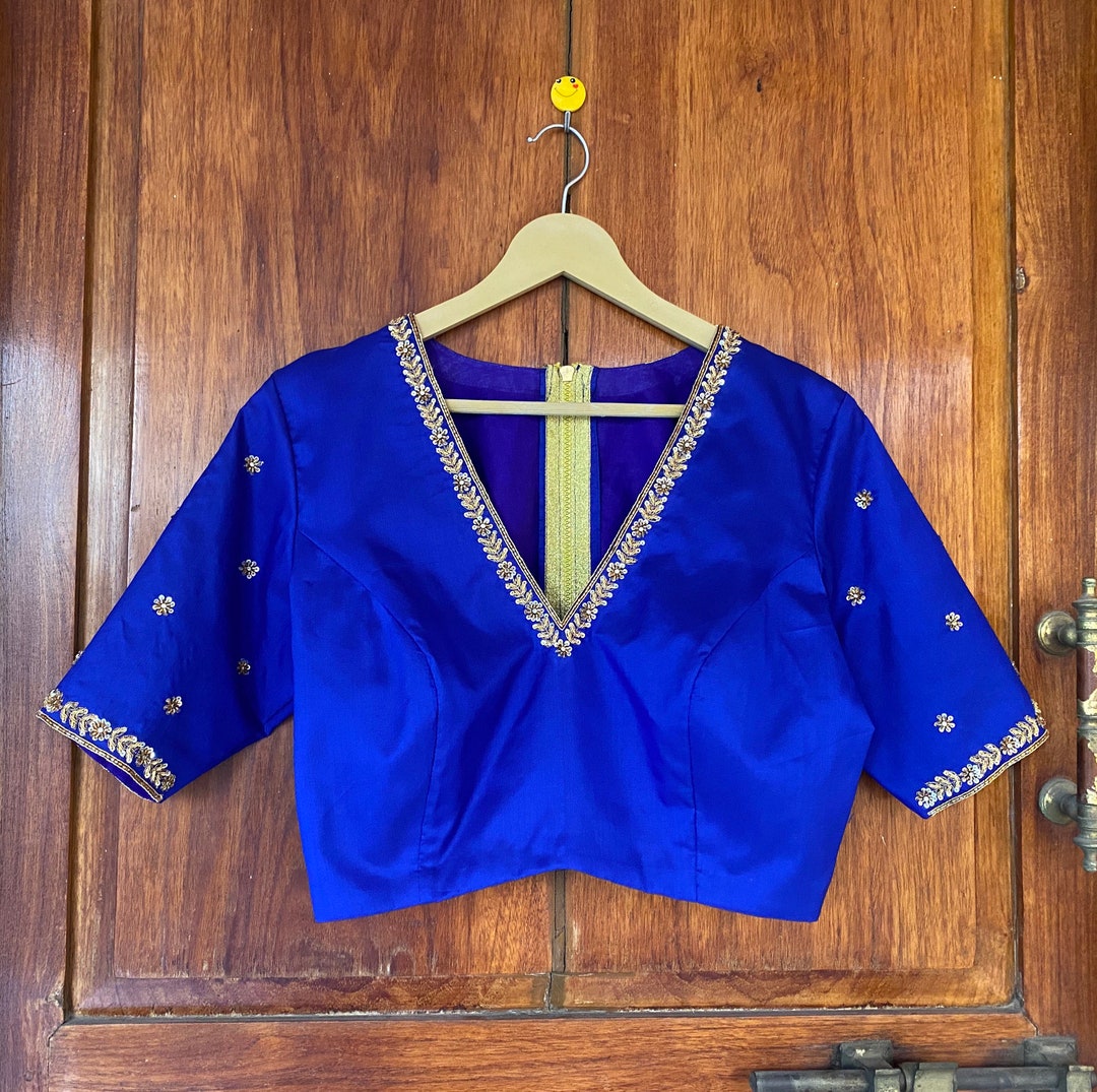 Women's Navy Blue Banglori Silk Hand Work Readymade Blouse