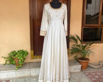 Hand embroidered Anarkali dress/ cream anarkali suit set / white hand work anarkali USA  /Indian dresses/ white kurta/ full sleeves Anarkali