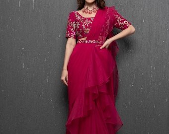 Sari rosa con volantes: Sari lehenga de seda con blusa bordada, saris listos para usar, sari de cóctel, sari lehenga, cinturón de sari con volantes, sari moderno