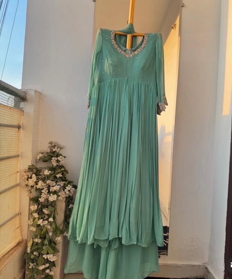 pista green anarkali dress Light Pista Green Chinon Tissue Woven Anarkali Palazzo Suit – Saree.com main image 0