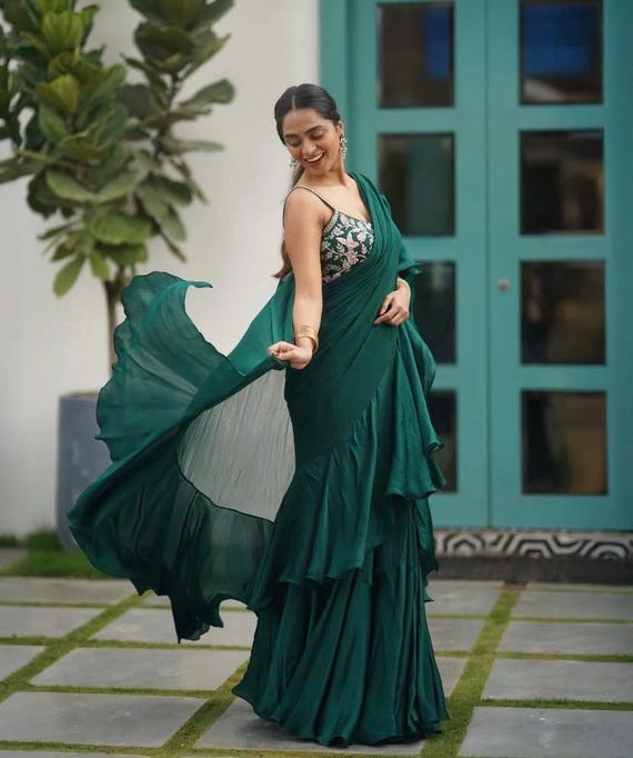 green saree dress design Ruffle Saree: Hand-embroidered Sleeveless Blouse, Modern Lehenga Sari WNewFurnitureAugust25