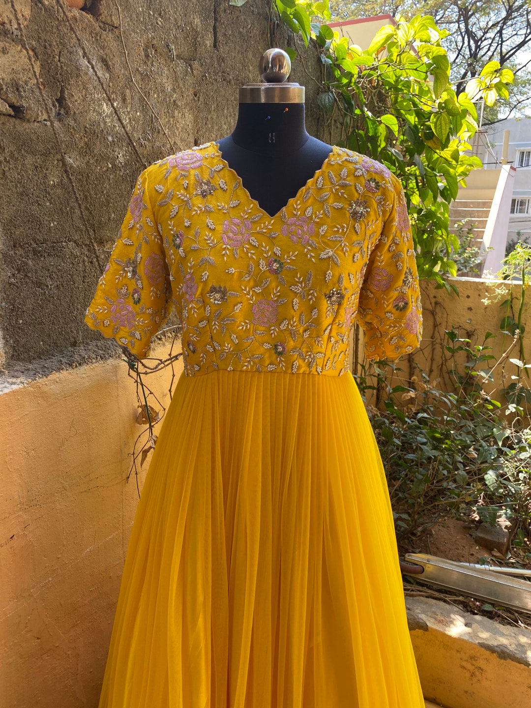 Hand Embroidered Anarkali / Yellow Anarkali Suit Set / Heavy Net Designer Anarkali  Gown USA / Tulle Gown / Indian Yellow Dresses/ Voggish - Etsy
