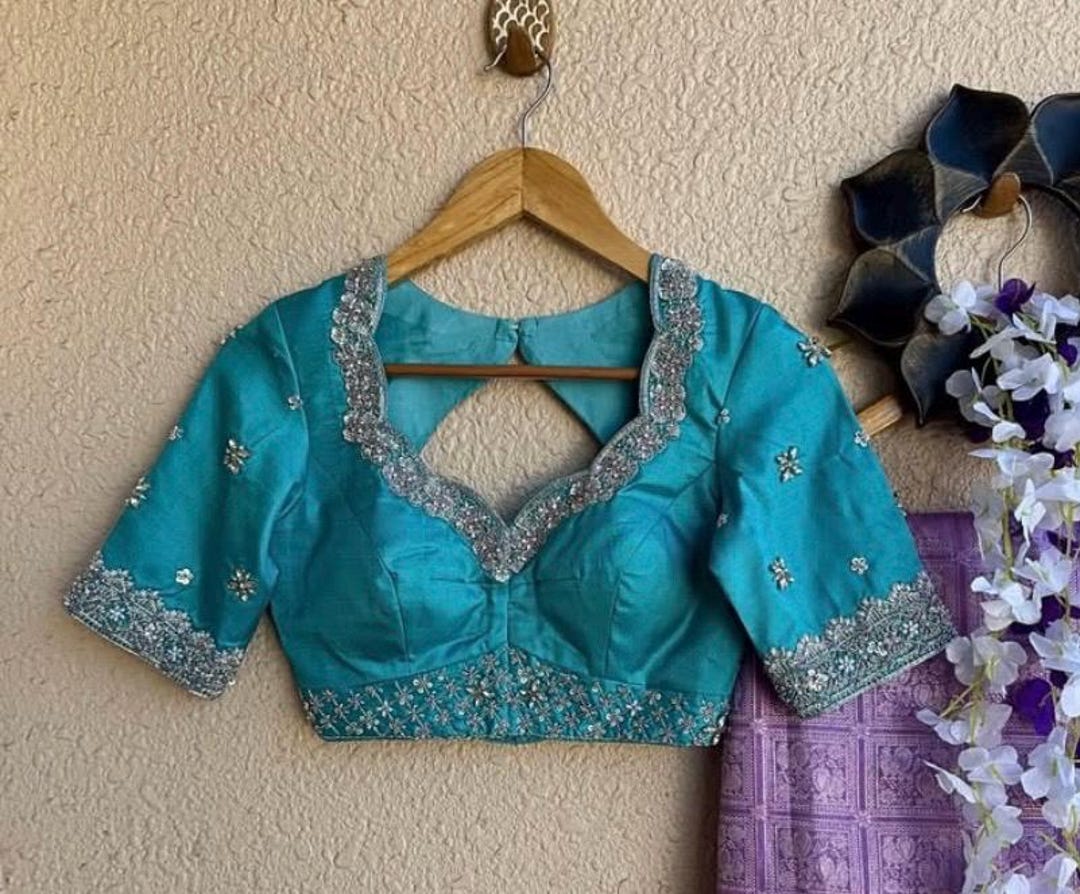 Pure Silk Hand Embroidery Blouse/saree Maggam Blouse/blue Zardosi