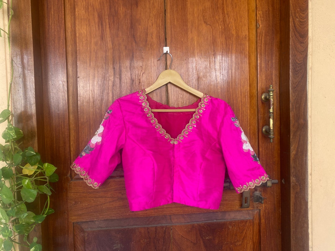 Pink - Zardozi Hand Embroidery Cotton Plain Blouse Piece 02