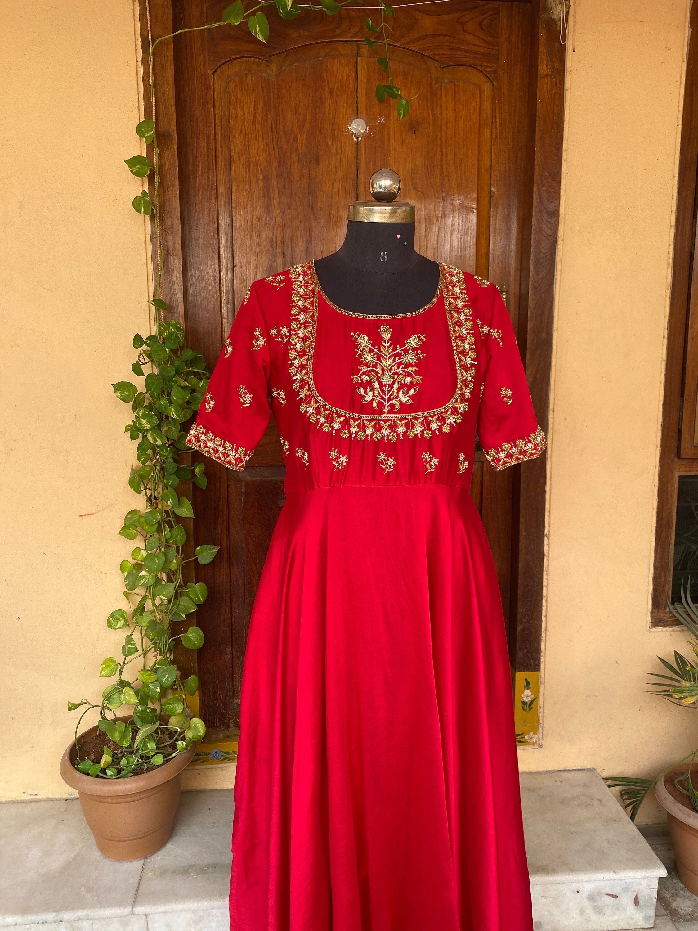 Red Designer Readymade Heavy Anarkali Dress With Embroidery Thread & Sequins Work