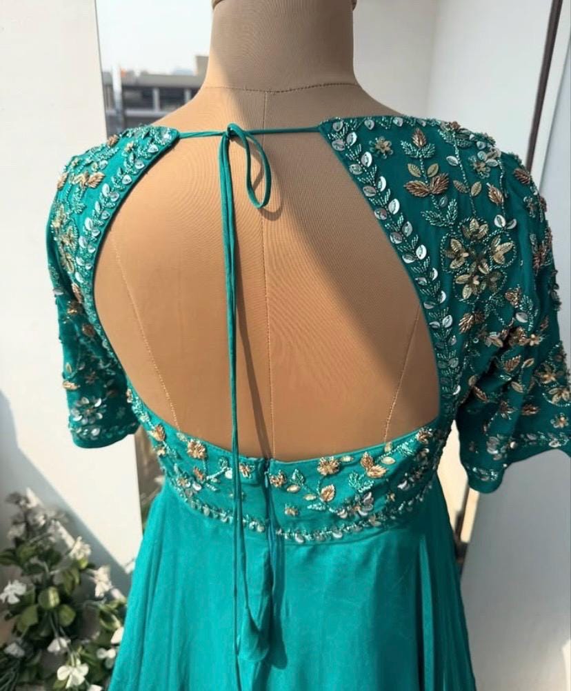 sea green anarkali dress Sea Green Anarkali Dress: Hand Embroidered Indian Gown