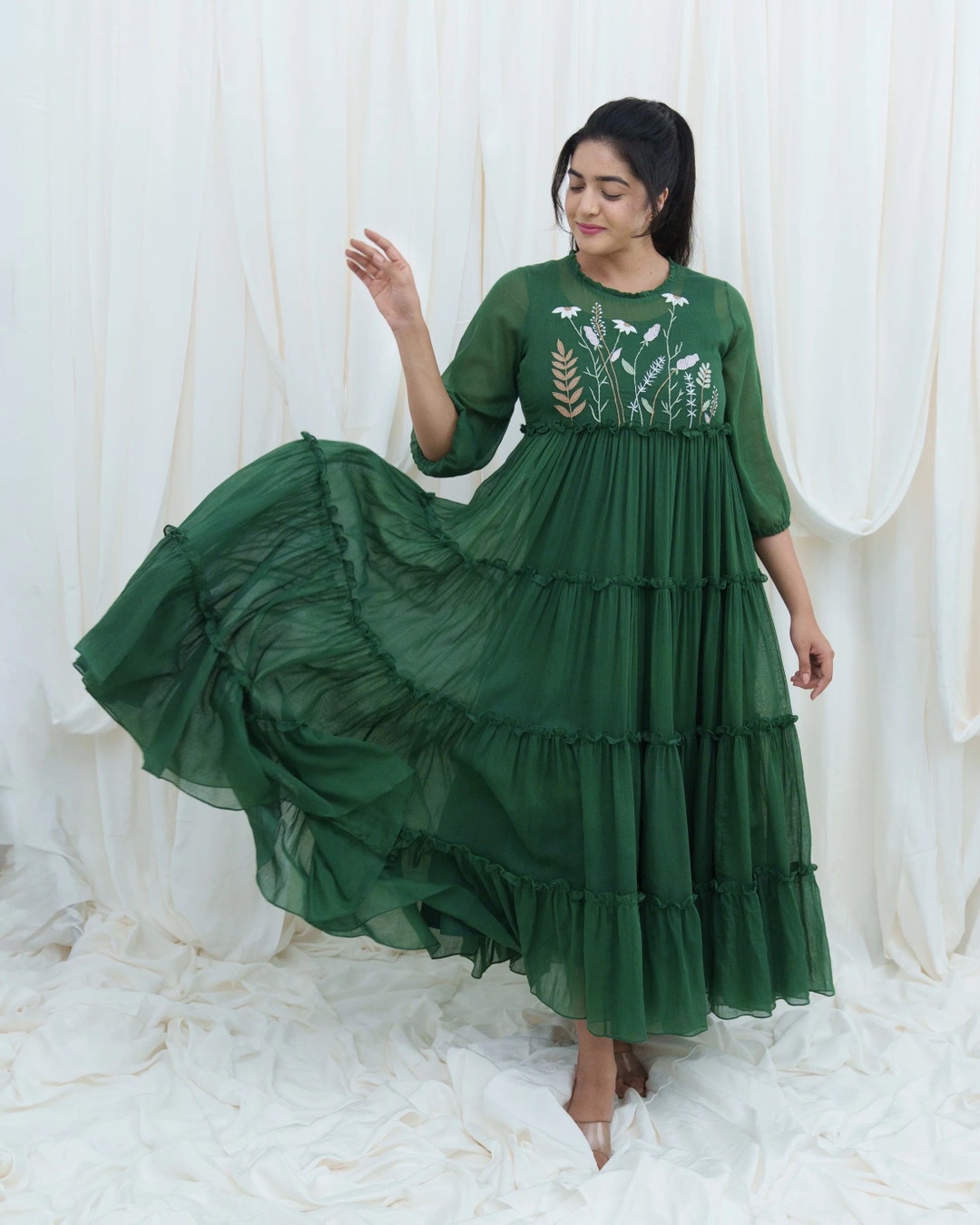 green emerald velvet dress Forest Green Floral Print Cotton Maxi Dress - Shirt Dresses