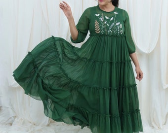 green embroidered trees organic cotton midi dress – Hand-embroidered Neckline Boho Gown, Forest Sundress Theme:Egyptian