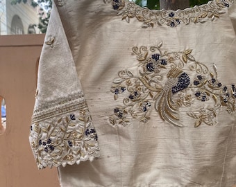 Hand Embroidered Zardosi Blouse: Cream Raw Silk Saree Blouse