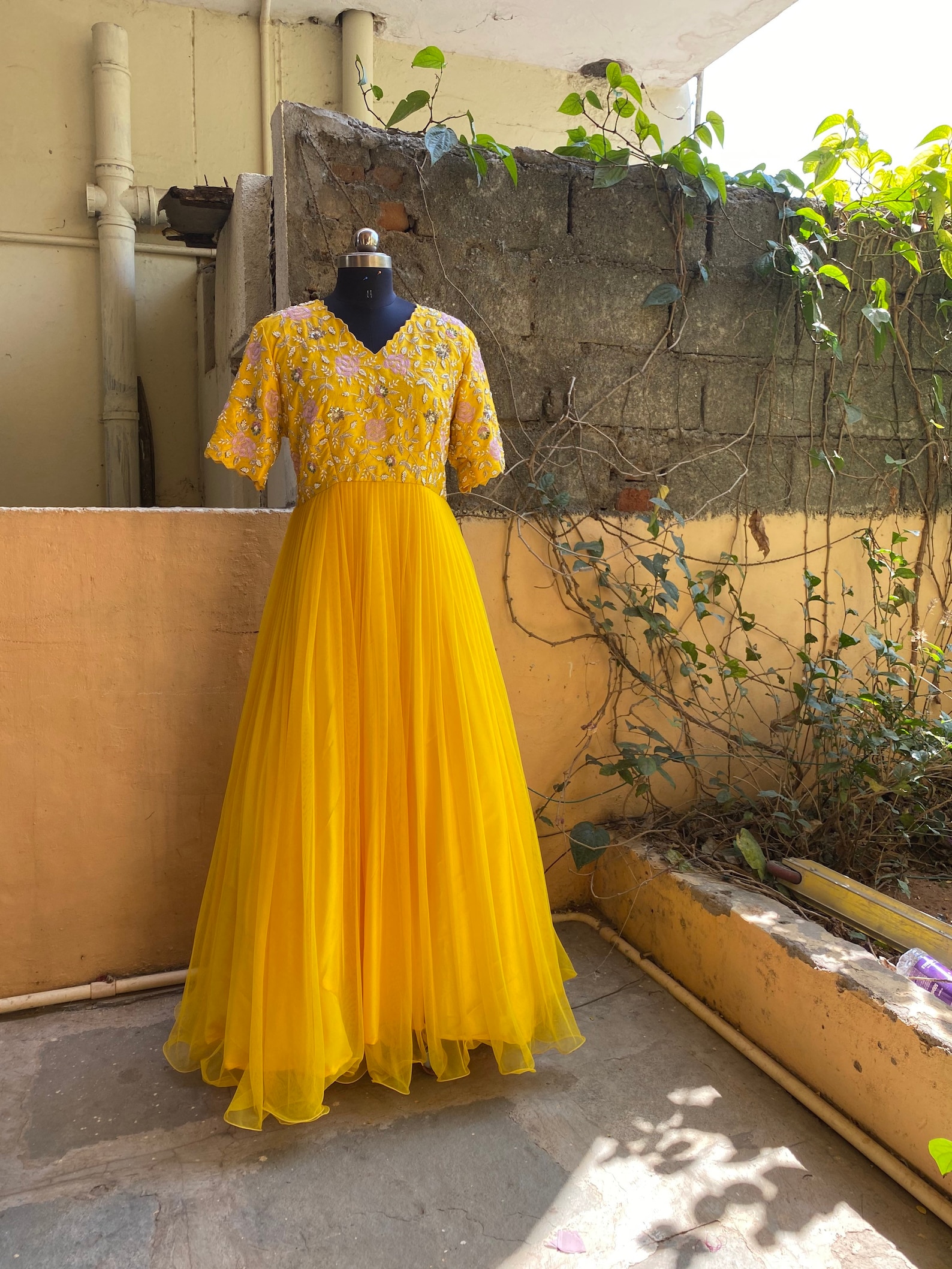 Hand Embroidered Anarkali Yellow Anarkali Suit Set Heavy Net