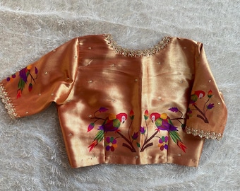 pure silk hand embroidery blouse/elbow sleeve maggam blouse/paithani zardosi blouse/hand embroidered blouse/red Paithani ready made blouse