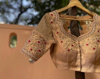 Hand Embroidered Zardosi Silk Blouse: Golden Beige Bridal Top