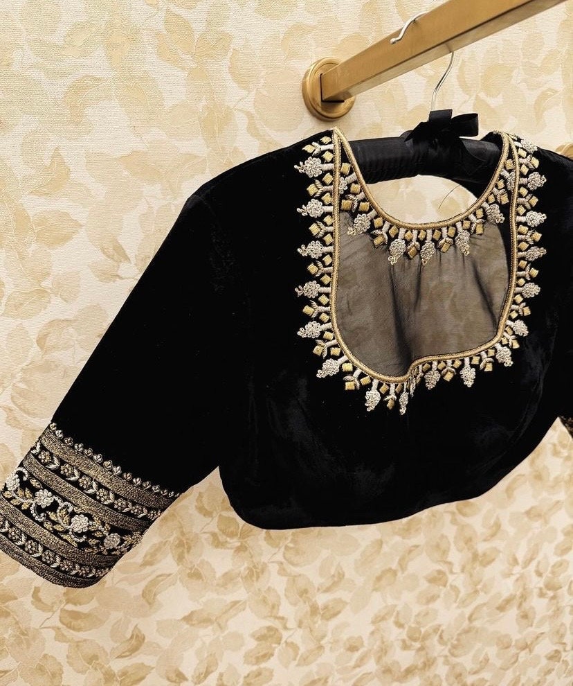 Pure Silk Hand Embroidery Blouse/saree Maggam Blouse/black Zardosi