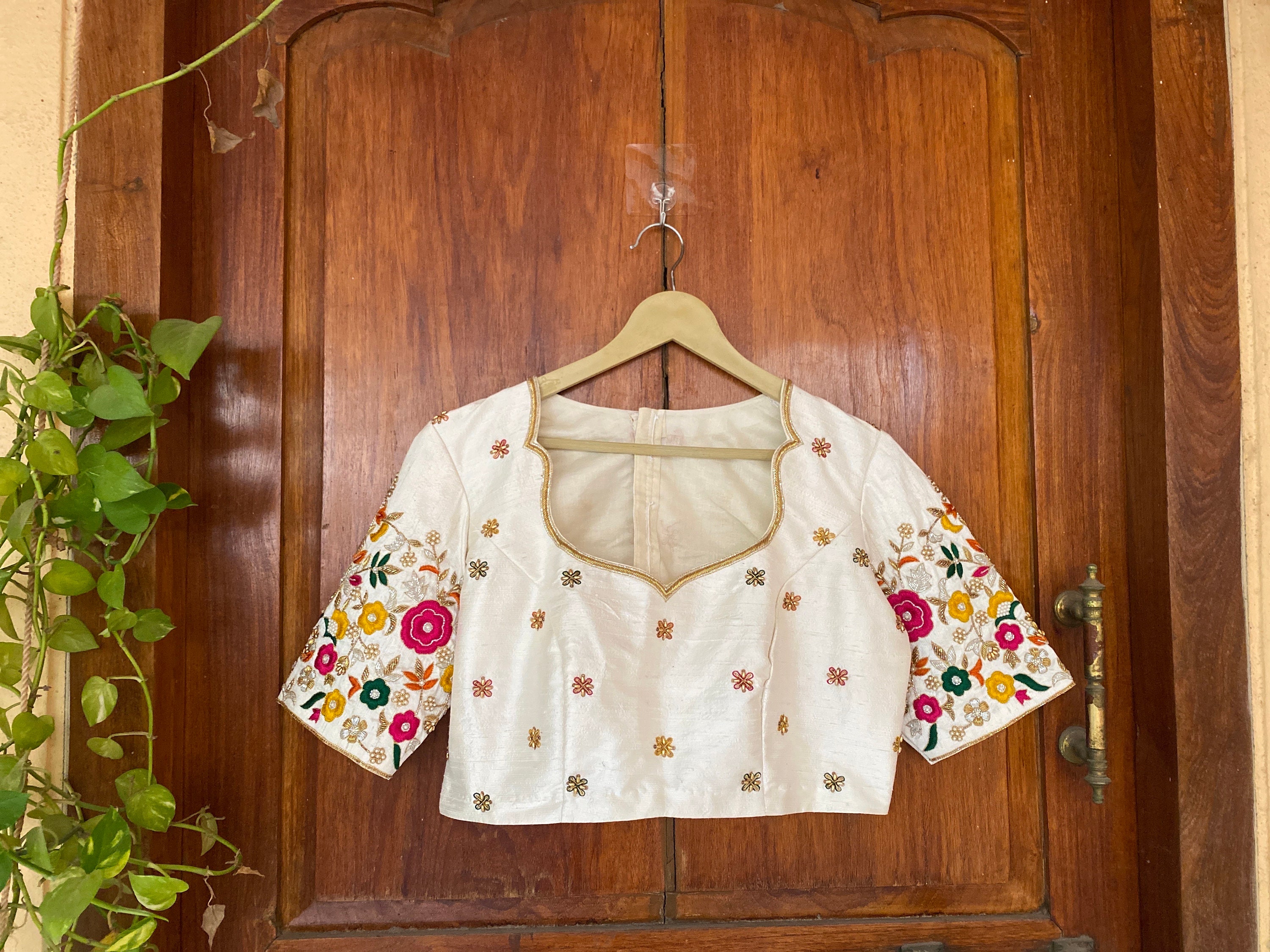Pure Silk Hand Embroidery Blouse /cream Maggam Blouse /raw
