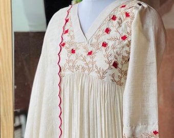 embroidered cream chanderi Kurta with dupatta/chanderi  anarkali kurta suit set/white kurta with dupatta USA/cream white suit with dupatta s