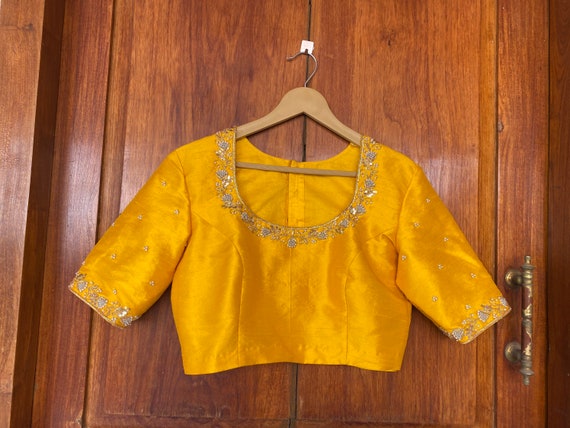 Pure Silk Hand Embroidery Blouse / Saree Maggam Yellow Blouse /yellow Blouse/  Hand Embroidered Blouse / Ready Made Blouse Zardosi/voggish - Etsy