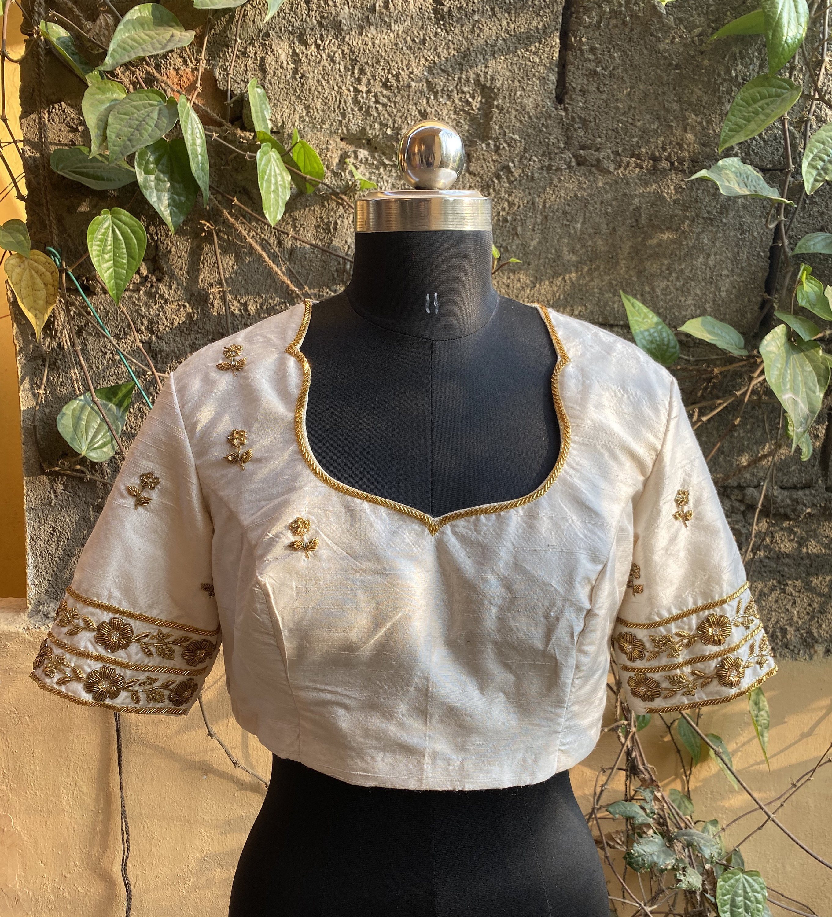 Pure Silk Hand Embroidery Blouse / Cream Maggam Blouse / Raw