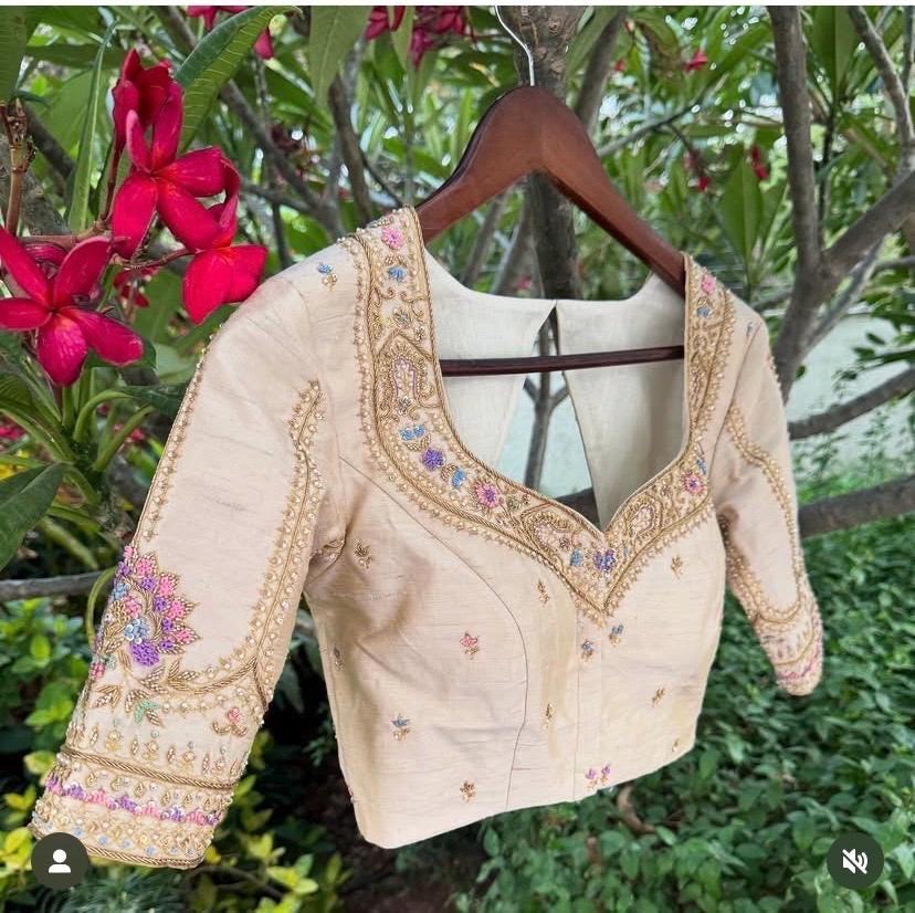 Hand Embroidered Zardosi Silk Blouse: Cream Saree Top - Etsy