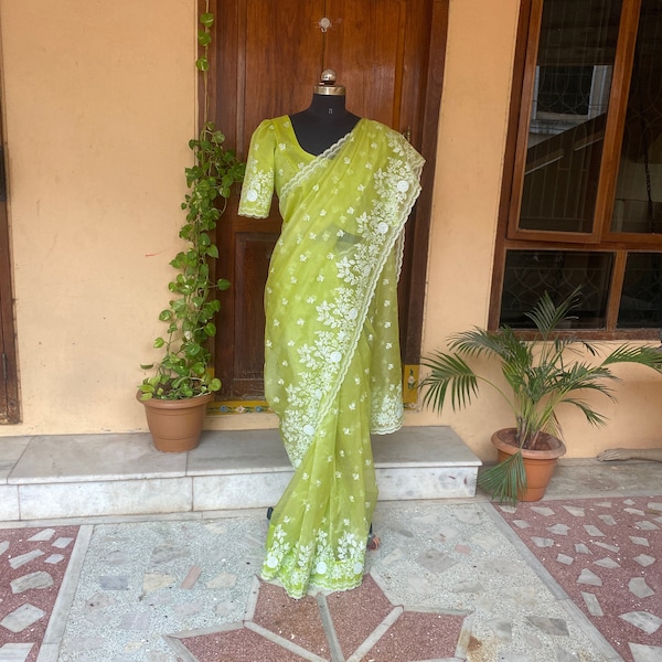 Embroidery organza saree | floral chikan organza silk saree with blouse |green silk saree | mehendi outfit  |sarees USA|organza saree blouse