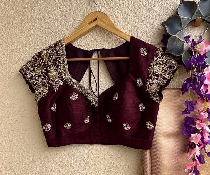 Hand Embroidered Plum Silk Blouse: Zardosi Saree Blouse - Size 42