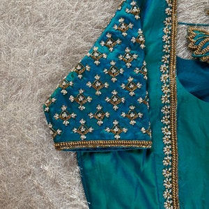 Blue - Zardozi Hand Embroidery Cotton Plain Blouse Piece 21