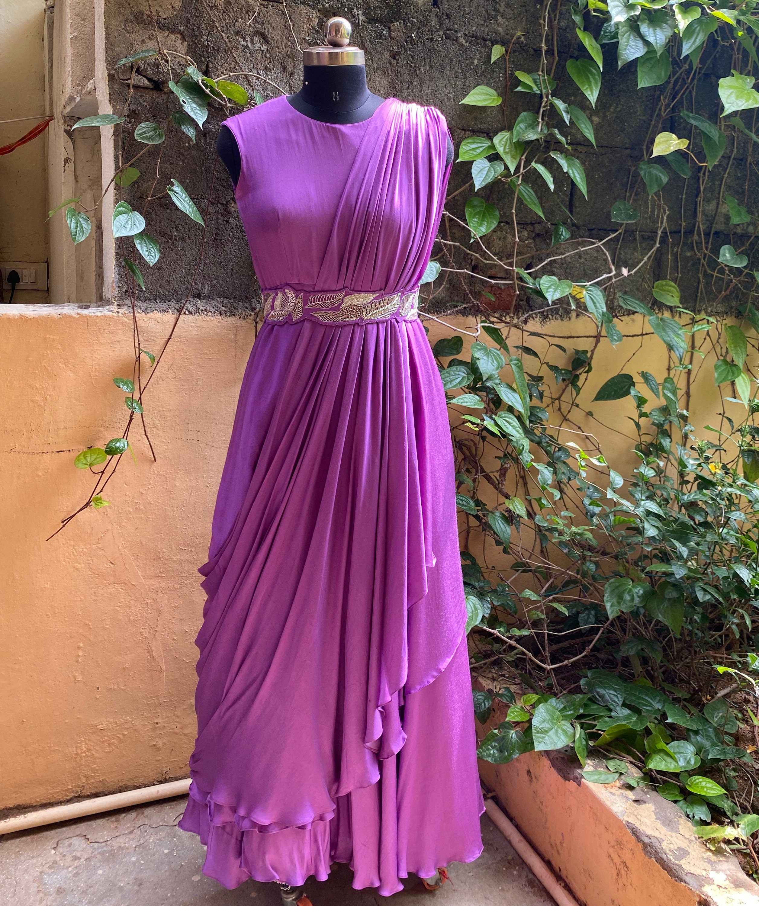 maxi dress from old chiffon saree Draped Maxi dress usa/lavender layered Maxi dress/ Draped saree dress with hand embroidery belt /pre Draped saree gown /dress with belt
