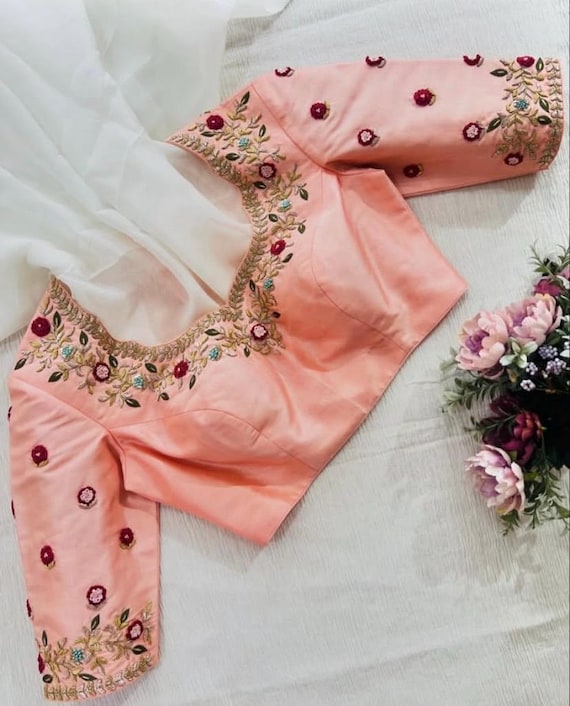 Pure Silk Hand Embroidery Blouse/peach Maggam Blouse/peach Hand