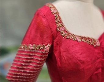 Red Silk Zardosi Embroidered Saree Blouse: Hand-Embroidered Maggam Work,red saree blouse,plus size blouses,mix and match blouses,red blouse
