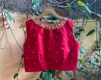 Red sleeveless hand embroidery blouse  / saree maggam red blouse /red saree blouse/ hand embroidered blouse / ready made blouse zardosi