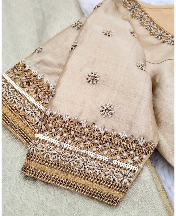 Hand Embroidered Zardosi Silk Blouse: Light Gold Maggam Work - Etsy