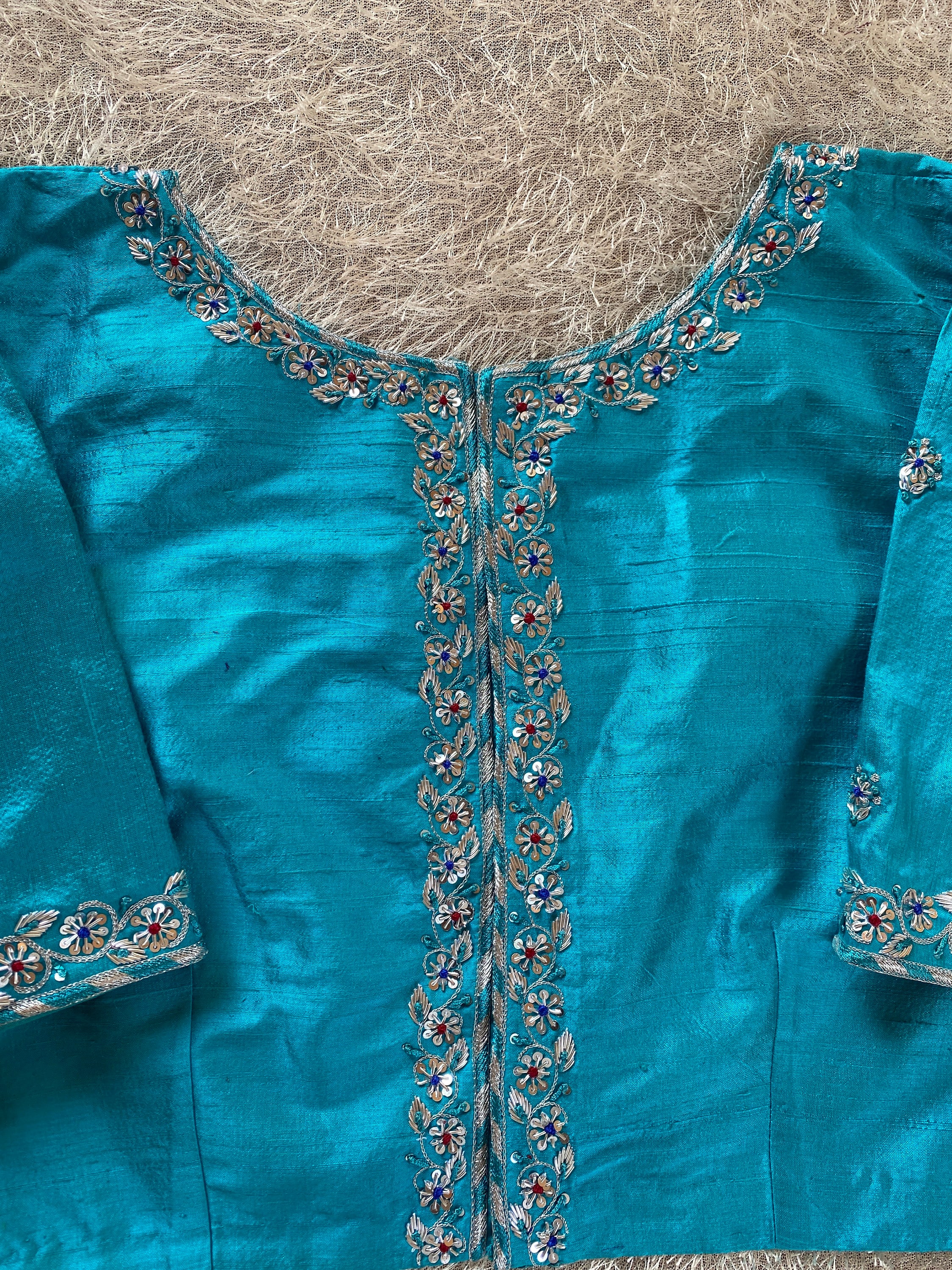 Pure Silk Hand Embroidery Blouse/blue Maggam Blouse /raw