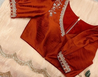 Peach tissue silk saree with hand embroidered blouse/peach saree with orange hand work blouse|sarees USA |pure silk saree/maggam work blous