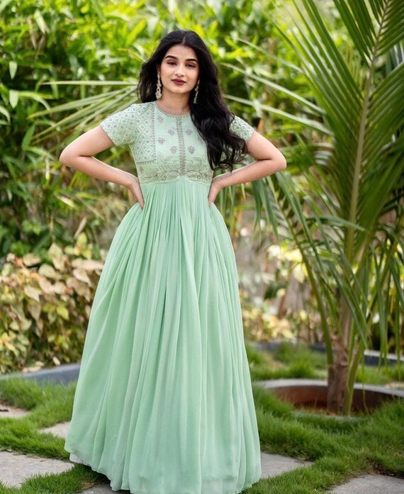 light green colour combination dress Hand Embroidered Anarkali Dress/peach Anarkali Suit Set/light Hand Work Anarkali Usa/indian Dresses/pista Green Short Sleeves Anarkali YGroup_sullivan-puff