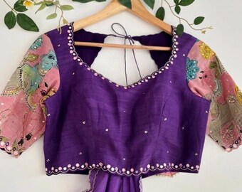 カラムカリシルクサリー（手刺繍ブラウス付き）／紫色の刺繍サリー
