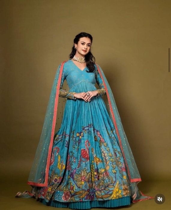 kalamkari anarkali dress designs Blue Chant Crepe Printed Gown