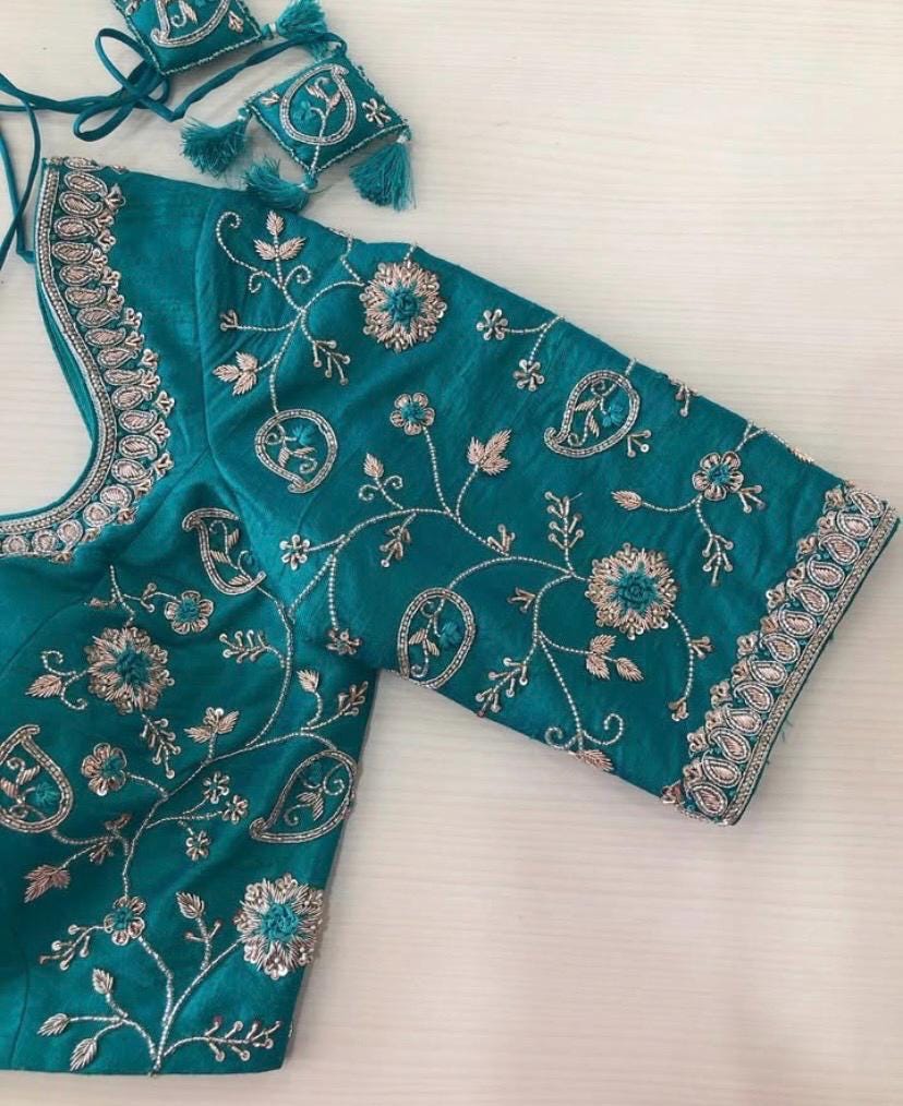 Pure Silk Hand Embroidery Blouse/saree Maggam Blouse/blue Zardosi
